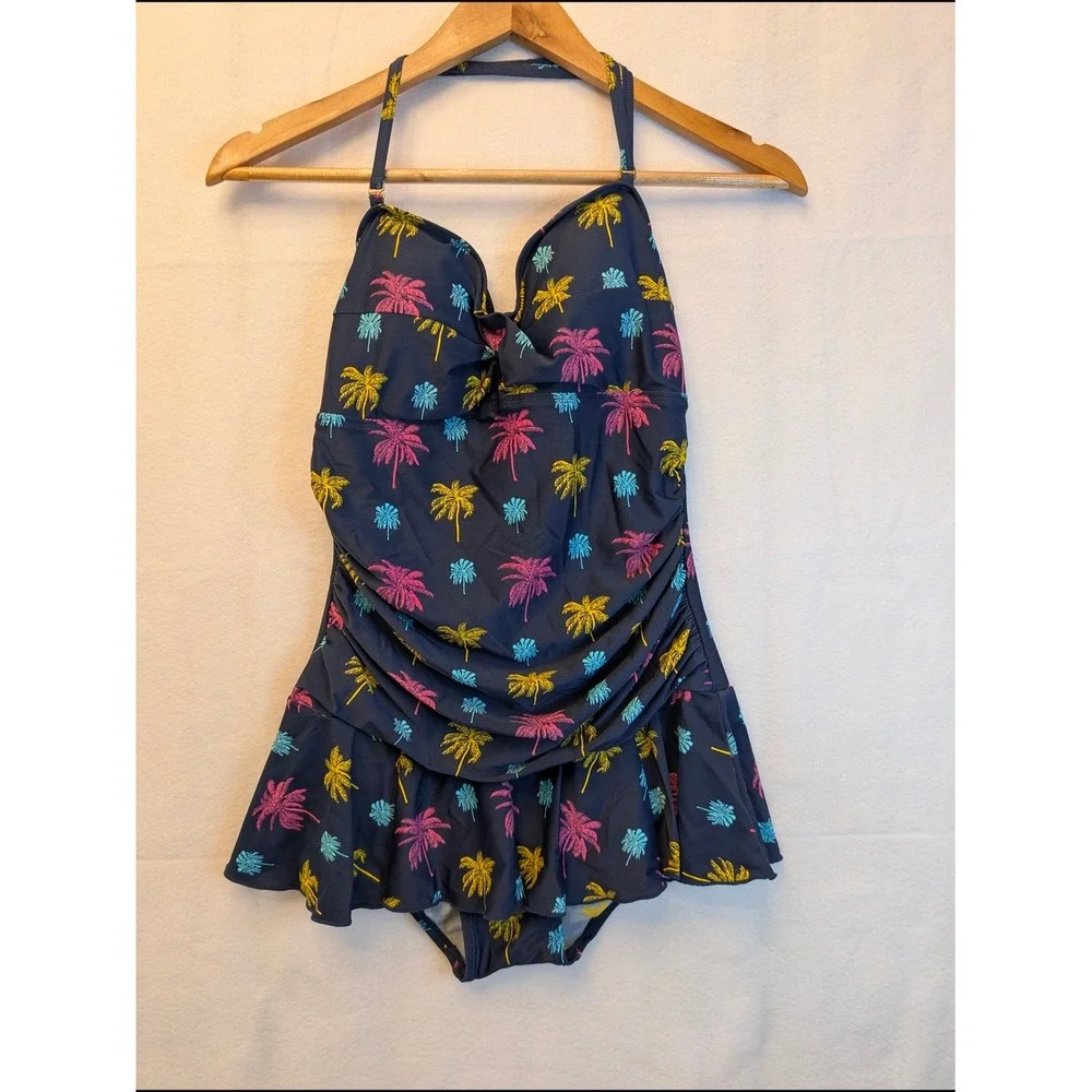 Shore Shapes Navy Blue Neon Palm Tree Ruched Halter Swim Dress One Piece Size 10
